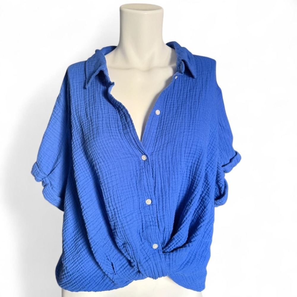 Uni Thread Blue Double‎ Gauze Button up Shirt Oversized Coastal 100%  Cotton